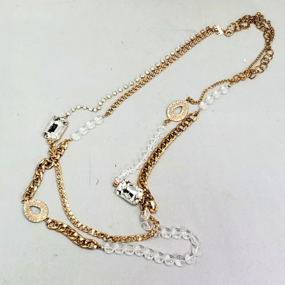 Bijou 36 inch 2 row clear beads with gold link chain necklace - Picture 5 of 14